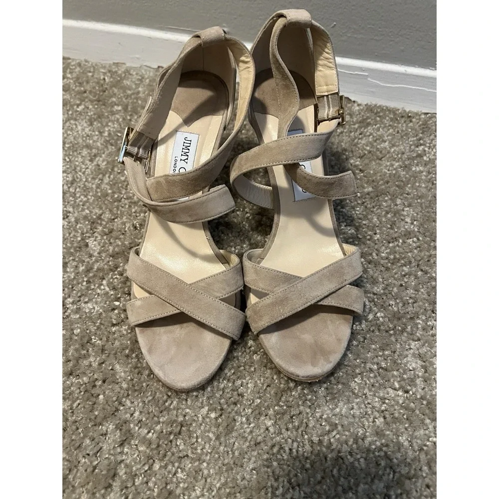Jimmy Choo Beige Suede Strappy Sandals Heels Size 9.5 EU 40 Made in Italy